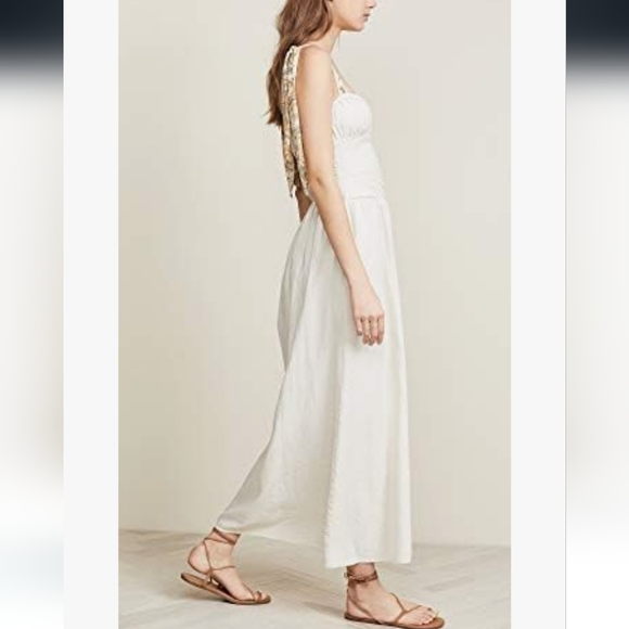Free People Santorini Midi Dress Pleats Linen Contrast Tie Straps Siz 4 Ecru NWT - Picture 5 of 16